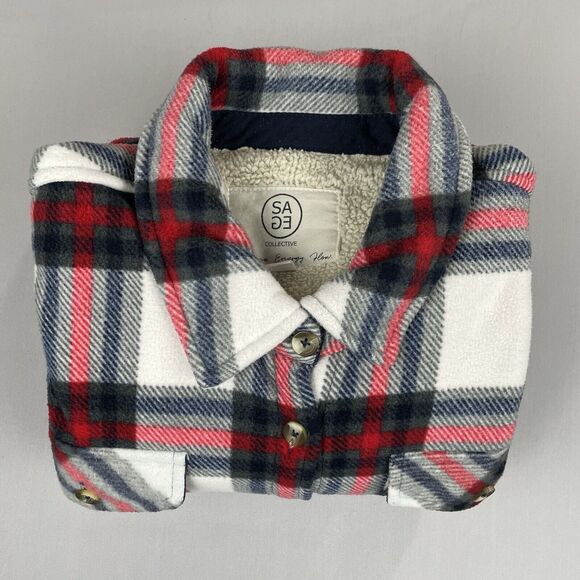 Sage Collective Plaid Shacket Womens XL White Red Blue Sherpa Lined Classic Gorp - Picture 15 of 16